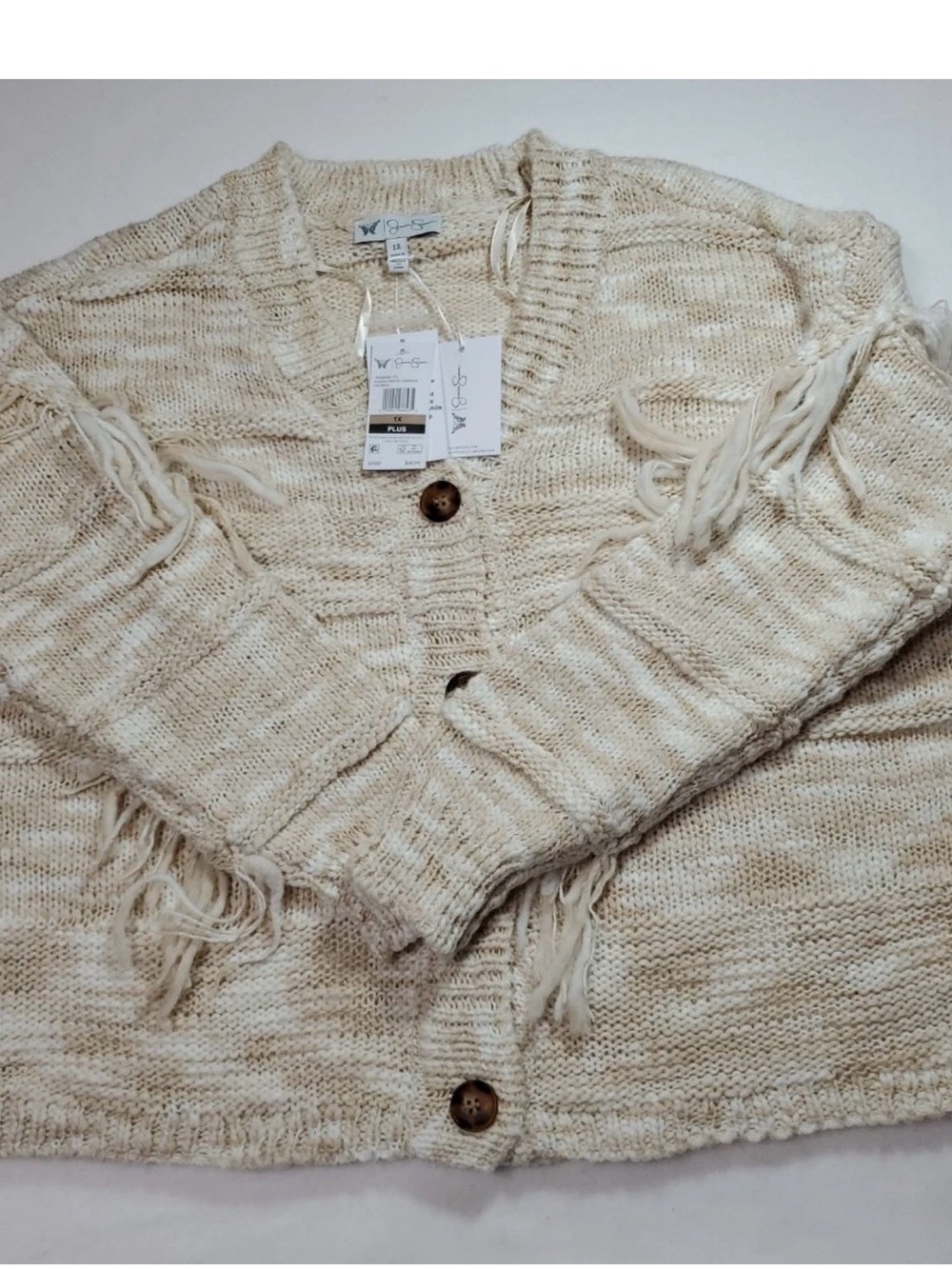 Neutral Cream Fringe Knit Button-Front Cardigan